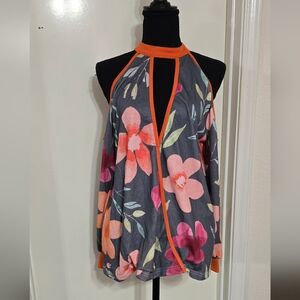 #1581 Izuria Floral Halter Top with Orange Trim